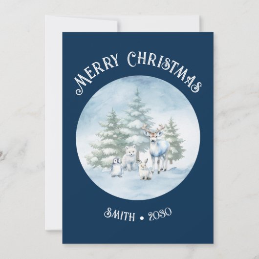 Woodland Animals Blue Christmas Flat Holiday Kaart (Voorkant)