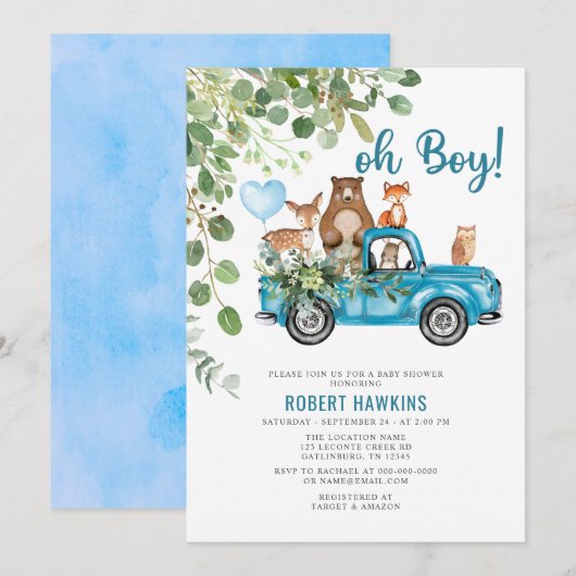 Woodland Animals Blue Truck Baby shower Kaart (Voorkant / Achterkant)