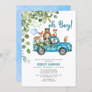 Woodland Animals Blue Truck Baby shower Kaart