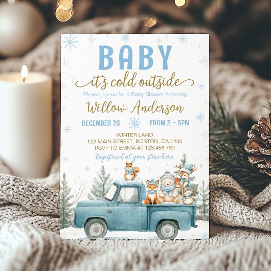 Woodland Animals Blue Truck Winter Baby Shower Kaart