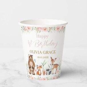 Woodland Animals Blush Bloemen 1e 2e 3e verjaardag Papieren Bekers