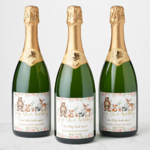 Woodland Animals Blush Bloemen Pop de Bubble Sparkling Wijnetiket