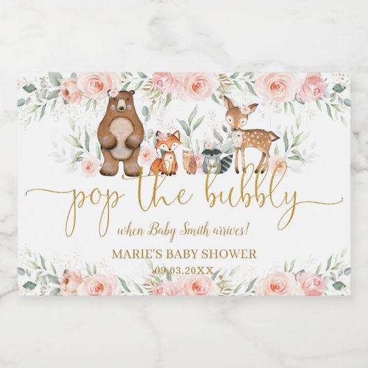 Woodland Animals Blush Bloemen Pop de Bubbly Cham Sparkling Wijnetiket (Enkel label)