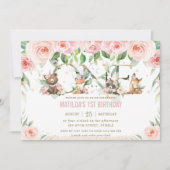 Woodland Animals Blush Floral 1 1e verjaardag Kaart (Voorkant)