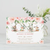 Woodland Animals Blush Floral 1 1e verjaardag Kaart (Staand voorkant)