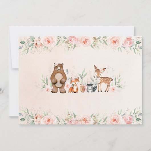 Woodland Animals Blush Floral 1e Verjaardag Foto Kaart (Achterkant)
