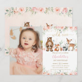 Woodland Animals Blush Floral 1e Verjaardag Foto Kaart (Voorkant / Achterkant)