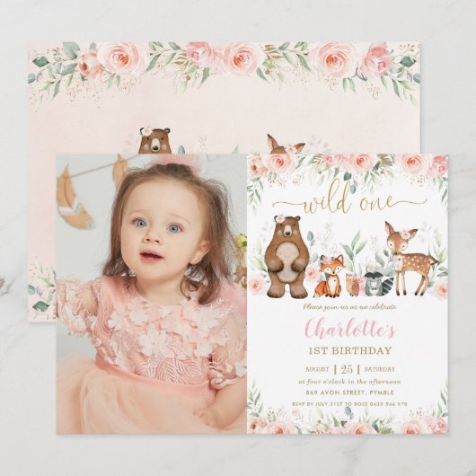 Woodland Animals Blush Floral 1e Verjaardag Foto Kaart (Voorkant / Achterkant)