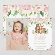 Woodland Animals Blush Floral 1e Verjaardag Foto