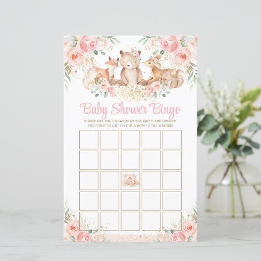 Woodland Animals Blush Floral Baby shower Bingo (Staand voorkant)