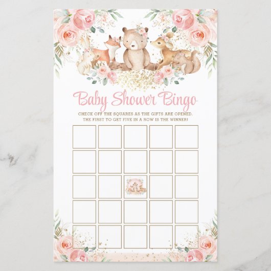 Woodland Animals Blush Floral Baby shower Bingo (Voorkant)