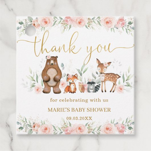 Woodland Animals Blush Floral Baby shower Birthday Bedankjes Labels (Voorkant)