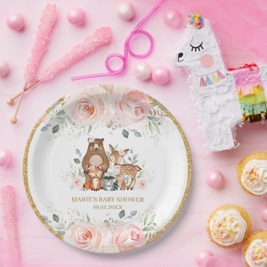 Woodland Animals Blush Floral Baby shower Birthday Papieren Bordje (Feest)