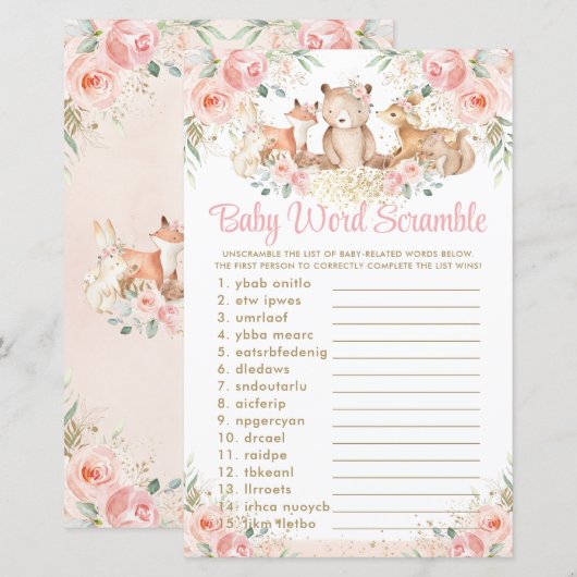 Woodland Animals Blush Floral Baby Word Scramble (Voorkant / Achterkant)