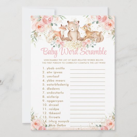 Woodland Animals Blush Floral Baby Word Scramble Kaart (Voorkant)