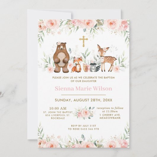 Woodland Animals Blush Floral Baptism Christening Kaart (Voorkant)