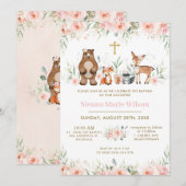 Woodland Animals Blush Floral Baptism Christening Kaart (Voorkant / Achterkant)
