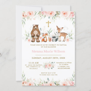 Woodland Animals Blush Floral Baptism Christening Kaart
