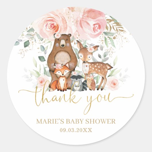 Woodland Animals Blush Floral Bedankt Favor Ronde Sticker (Voorkant)