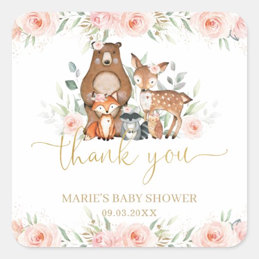 Woodland Animals Blush Floral Bedankt Favor Vierkante Sticker (Voorkant)