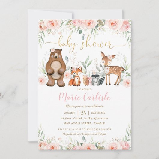Woodland Animals Blush Floral Girl Baby shower Kaart (Voorkant)