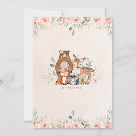 Woodland Animals Blush Floral Girl Baby shower Kaart (Achterkant)