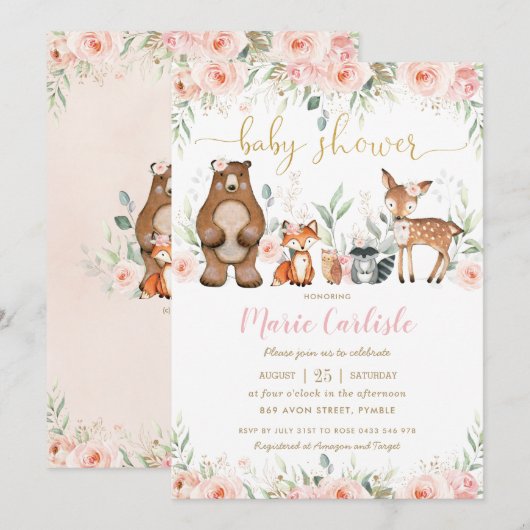 Woodland Animals Blush Floral Girl Baby shower Kaart (Voorkant / Achterkant)