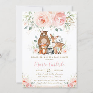 Woodland Animals Blush Floral Girl Baby shower Kaart