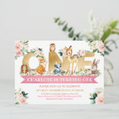 Woodland animals blush floral gold ONE jarig Kaart (Staand voorkant)