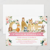 Woodland animals blush floral gold ONE jarig Kaart (Voorkant / Achterkant)
