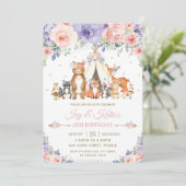 Woodland Animals Blush Lila Bloemen Verjaardag Kaart (Staand voorkant)