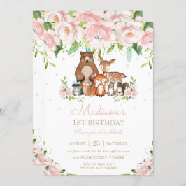 Woodland Animals Blush Pink Floral 1e verjaardag Kaart