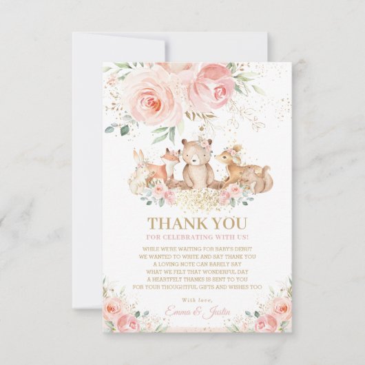 Woodland Animals Blush Pink Floral Baby shower  Bedankkaart (Voorkant)
