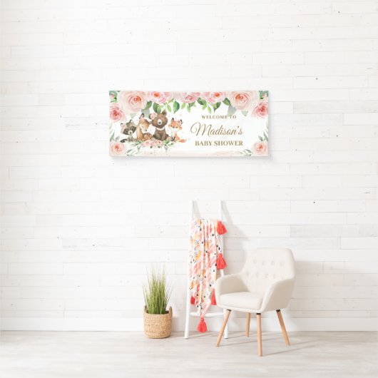 Woodland Animals Blush Pink Floral Backdrop Banner (Insitu)
