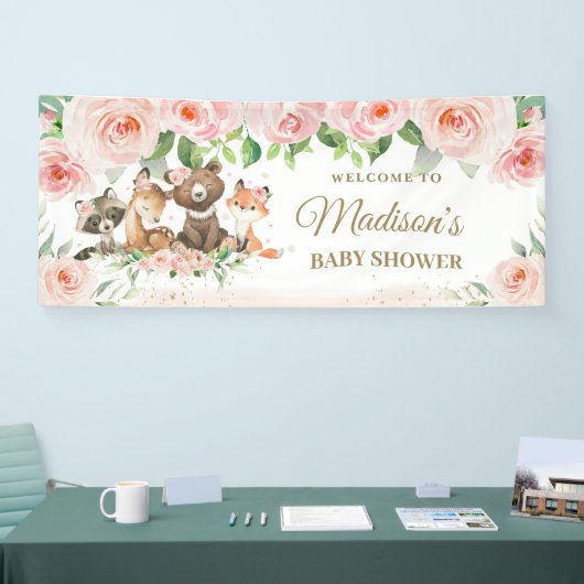 Woodland Animals Blush Pink Floral Backdrop Banner (Beurs)