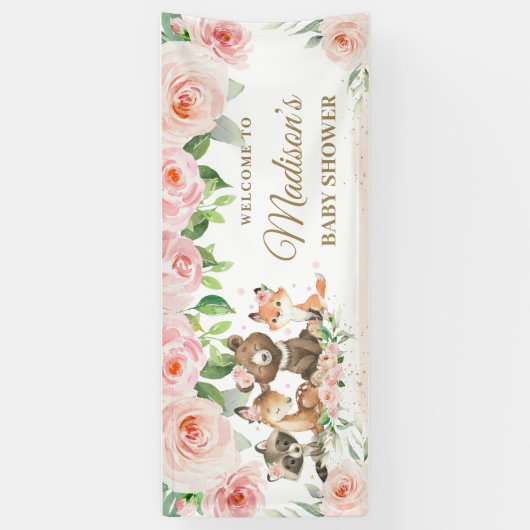 Woodland Animals Blush Pink Floral Backdrop Banner (Verticaal)