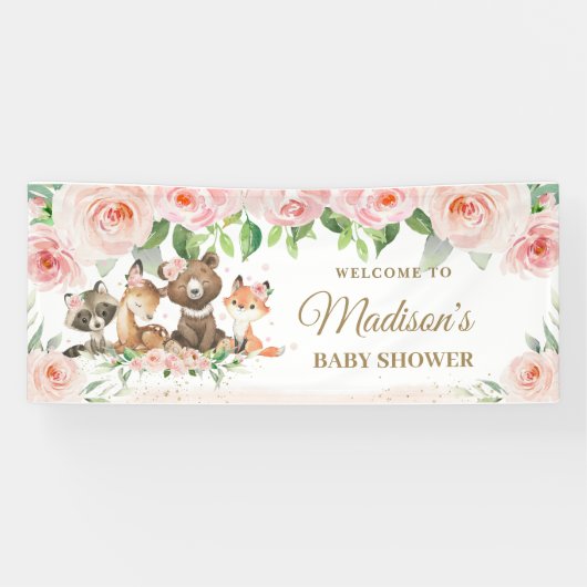 Woodland Animals Blush Pink Floral Backdrop Banner (Horizontaal)
