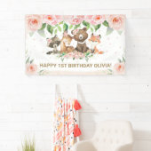 Woodland Animals Blush Roze Bloemen Achtergrond Ba Spandoek (Insitu)