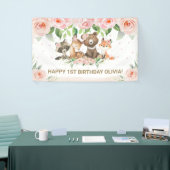 Woodland Animals Blush Roze Bloemen Achtergrond Ba Spandoek (Beurs)