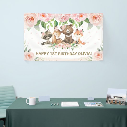 Woodland Animals Blush Roze Bloemen Achtergrond Ba Spandoek (Beurs)