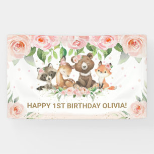 Woodland Animals Blush Roze Bloemen Achtergrond Ba Spandoek