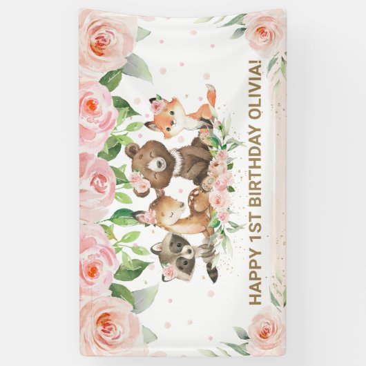 Woodland Animals Blush Roze Bloemen Achtergrond Ba Spandoek (Verticaal)