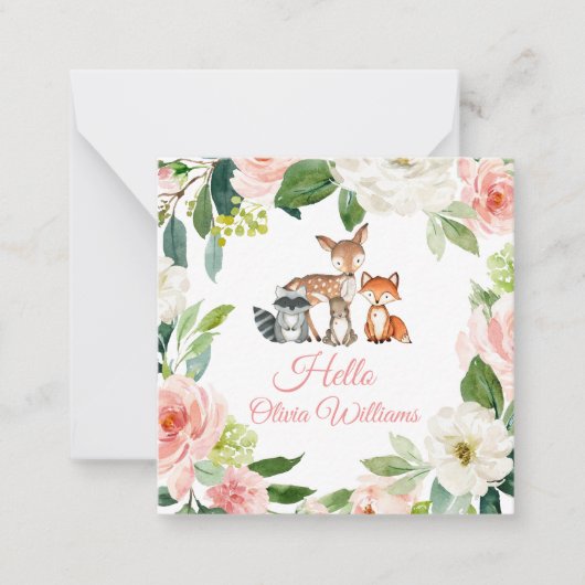 Woodland Animals & Blush Roze Bloemen Notitiekaartje (Voorkant)