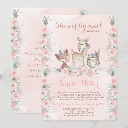 Woodland Animals blush roze douche door mail meisj Kaart (Voorkant / Achterkant)