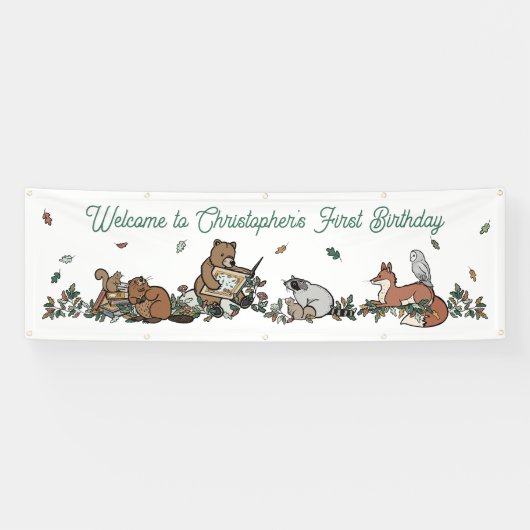 Woodland Animals Boek Theme Boys Verjaardag Welkom Spandoek (Horizontaal)