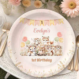 Woodland Animals Boho Pastel Meisje 1e Verjaardag Papieren Bordje