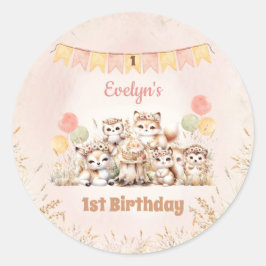 Woodland Animals Boho Pastel Meisje 1e Verjaardag Ronde Sticker