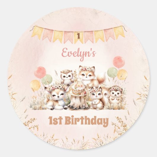 Woodland Animals Boho Pastel Meisje 1e Verjaardag Ronde Sticker (Voorkant)