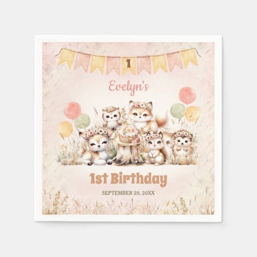 Woodland Animals Boho Pastel Meisje 1e Verjaardag Servet (Voorkant)