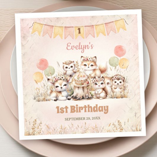 Woodland Animals Boho Pastel Meisje 1e Verjaardag Servet